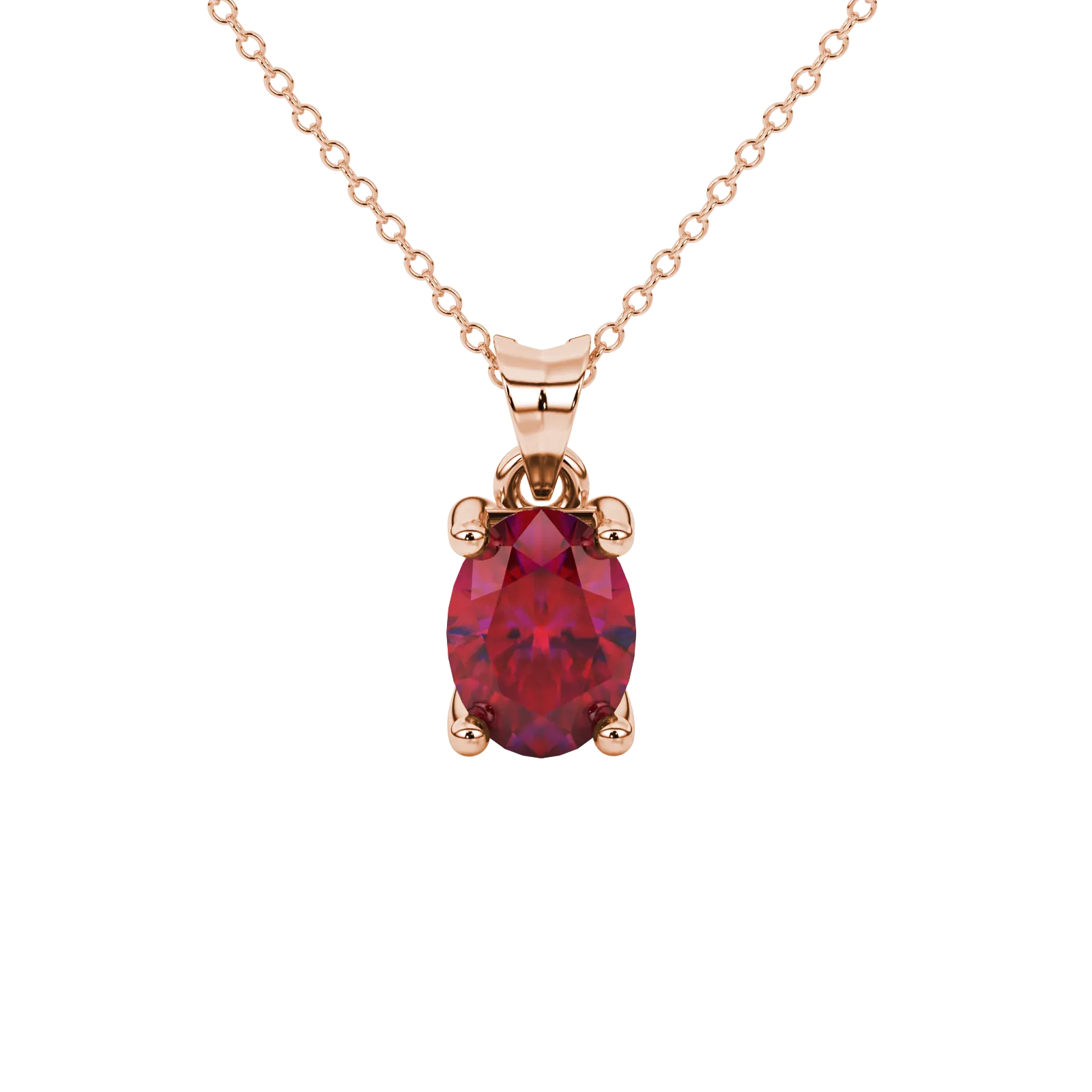 Oval cut raspberry red gemstone pendant, rose gold four prong setting.
