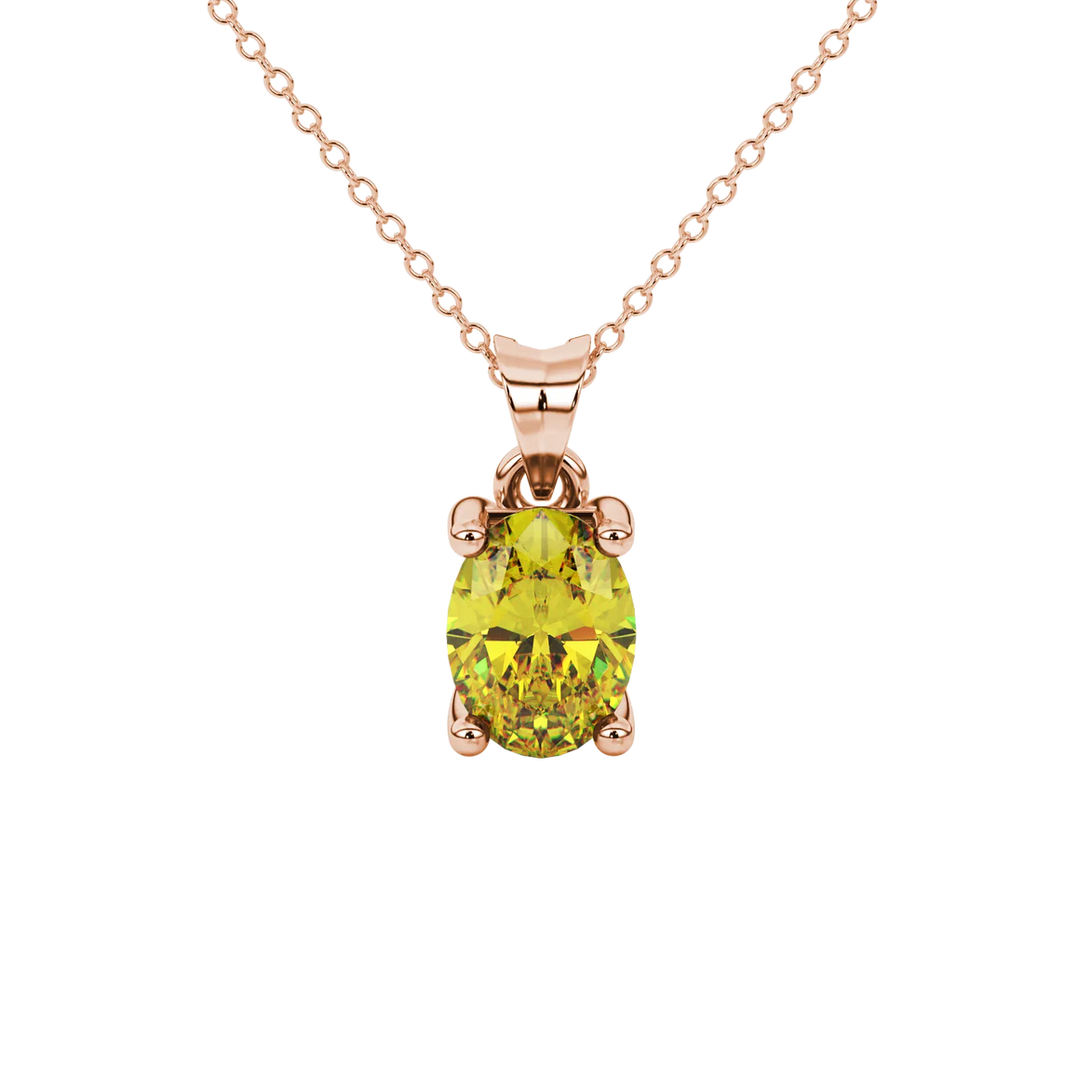 Oval cut canary yellow gemstone pendant, rose gold four prong setting.