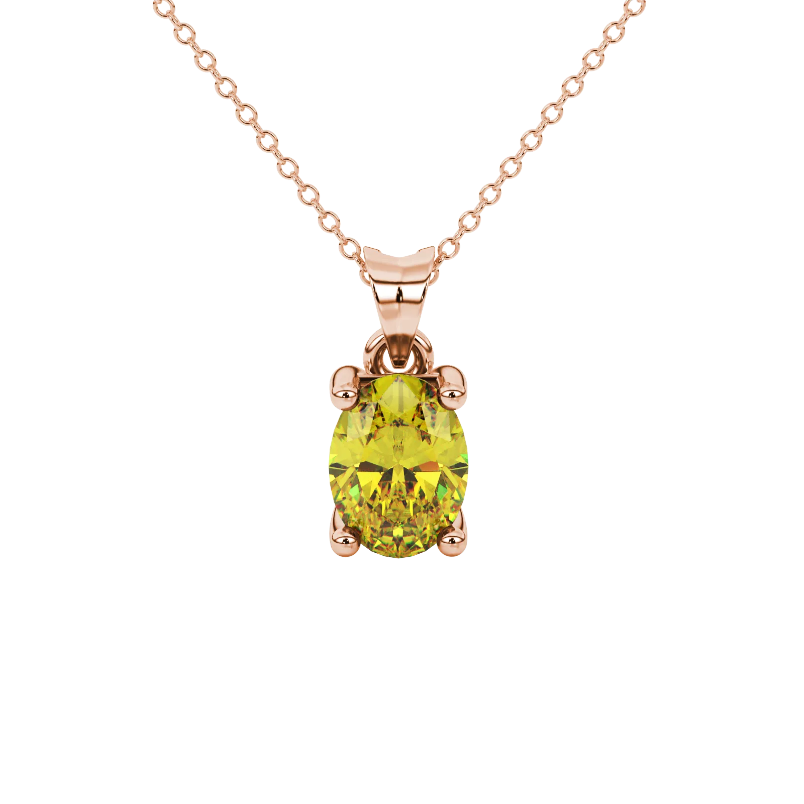 Oval cut canary yellow gemstone pendant, rose gold four prong setting.
