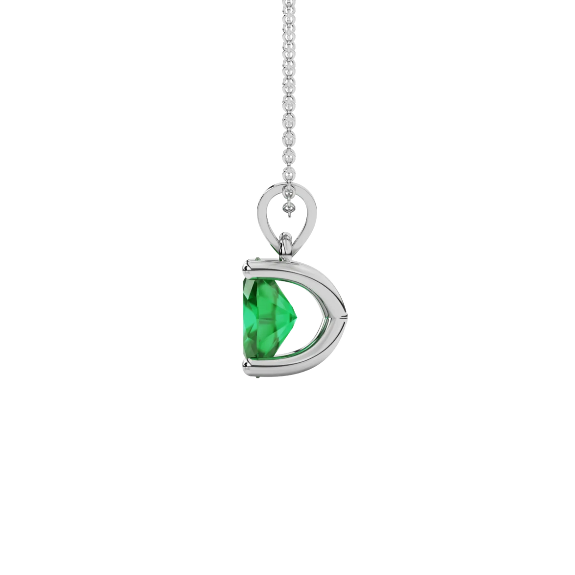 Side profile, white gold emerald green pendant, four prong gallery.