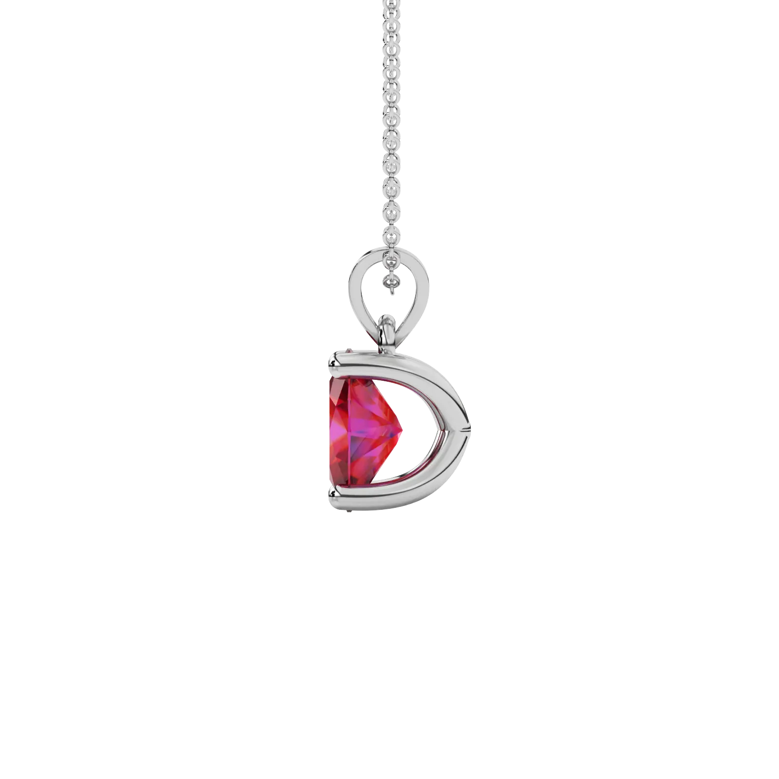 Side profile, white gold raspberry red pendant, four prong gallery.