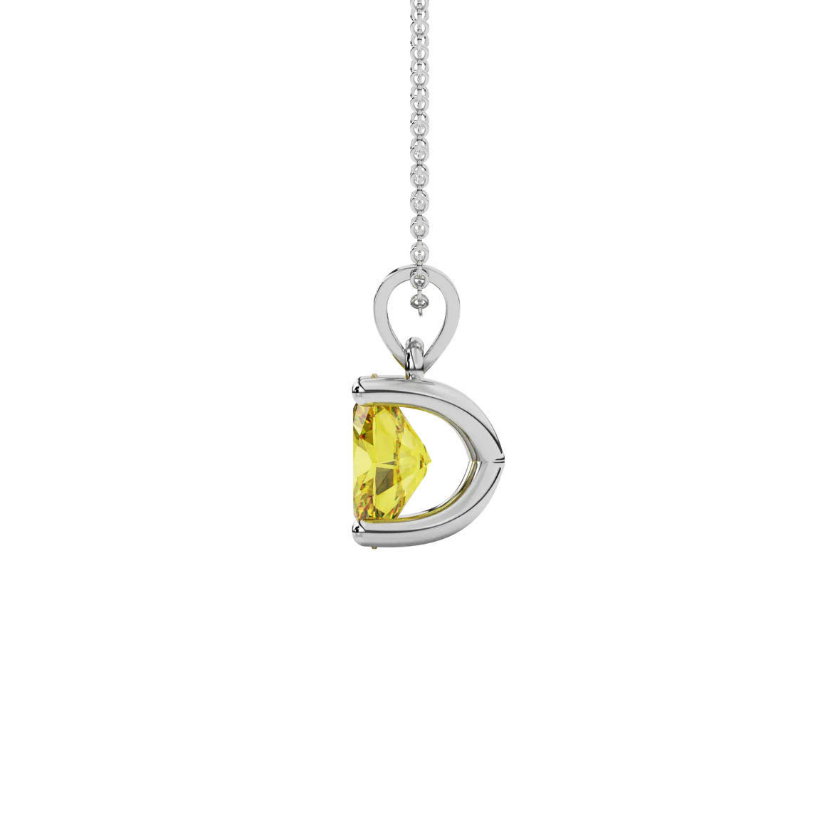 Side profile, white gold canary yellow pendant, four prong gallery.