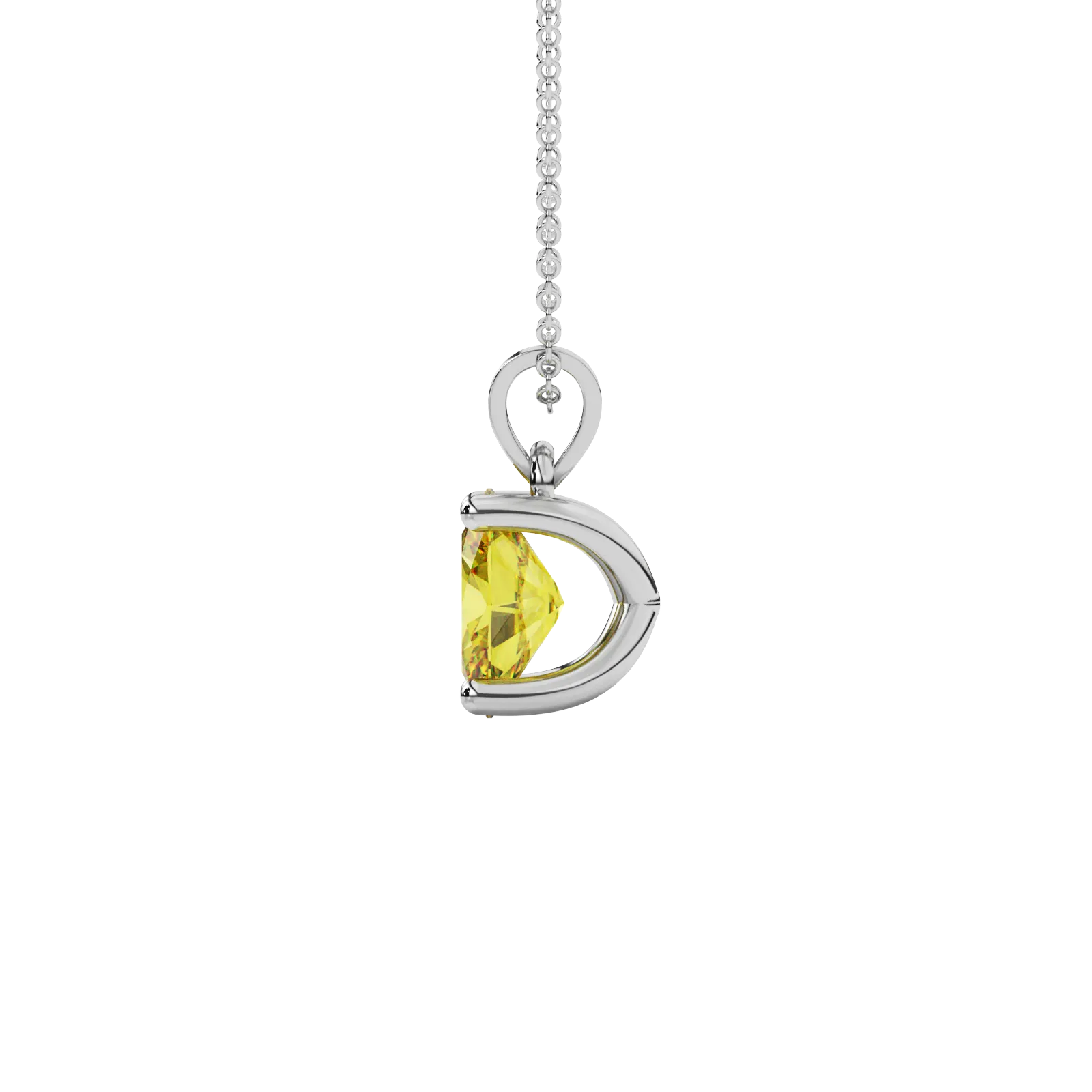Side profile, white gold canary yellow pendant, four prong gallery.