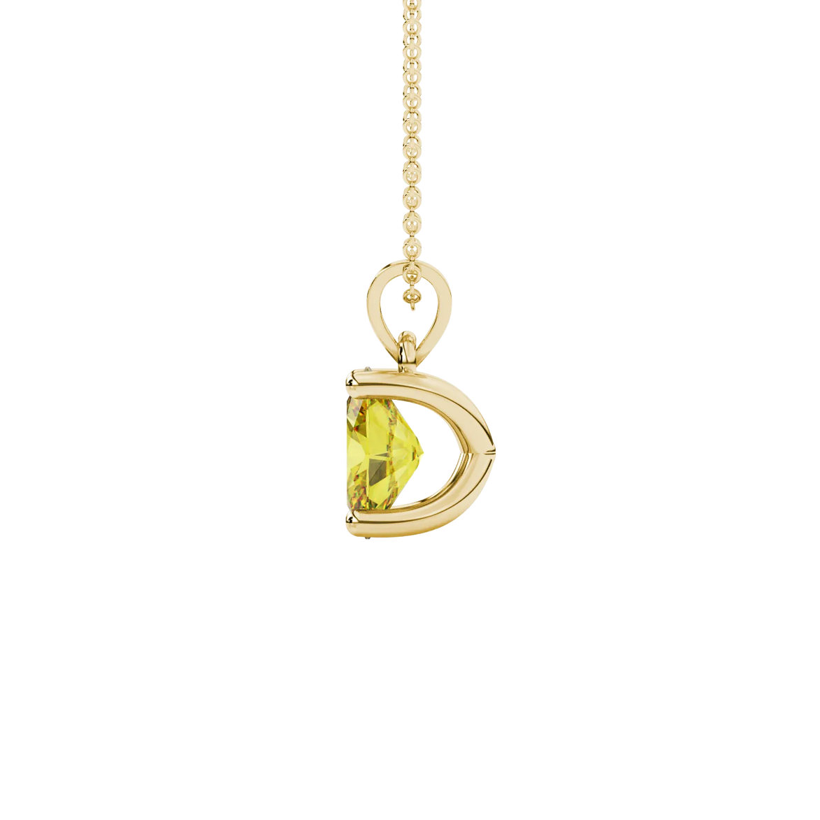 Side profile, yellow gold canary yellow pendant, four prong gallery.