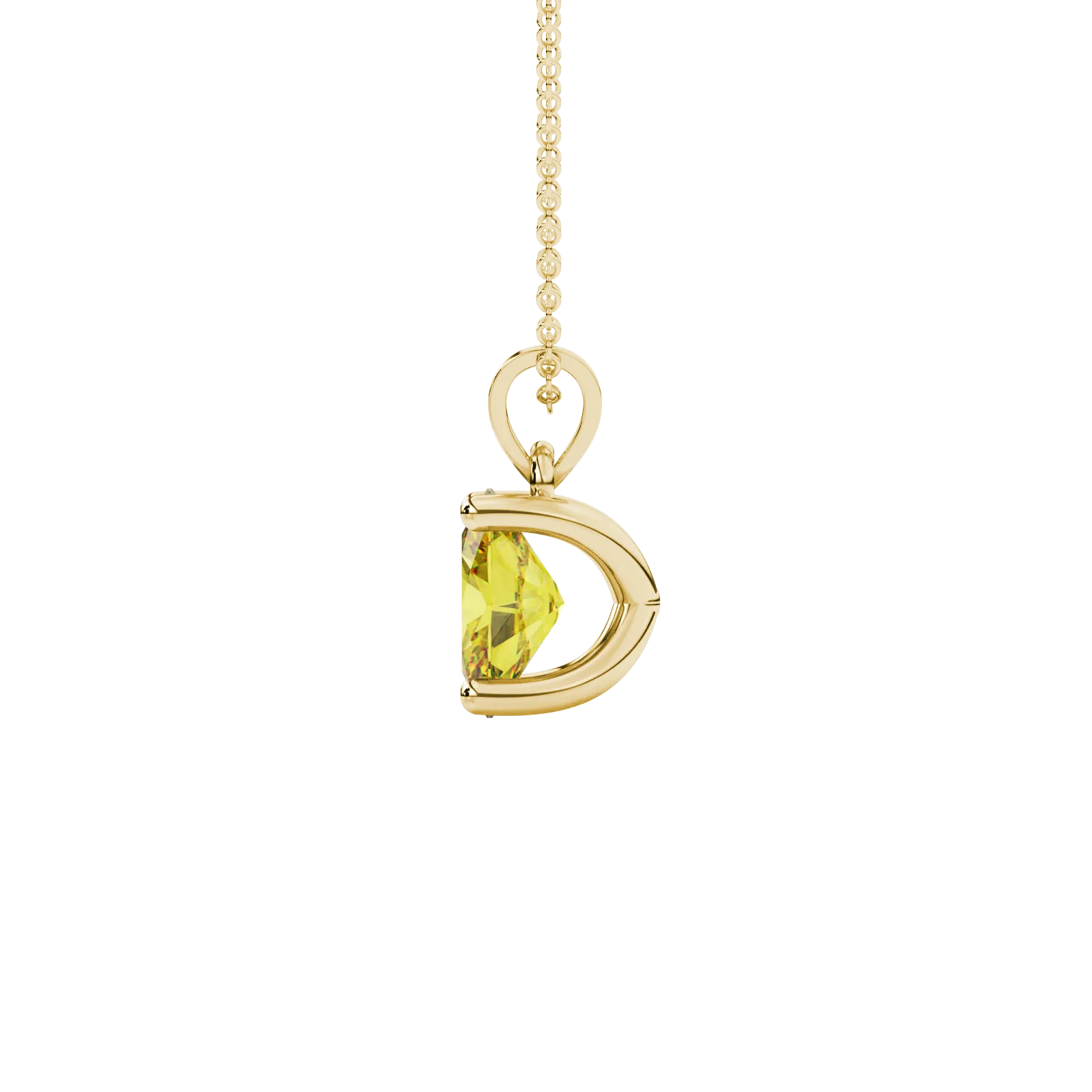 Side profile, yellow gold canary yellow pendant, four prong gallery.