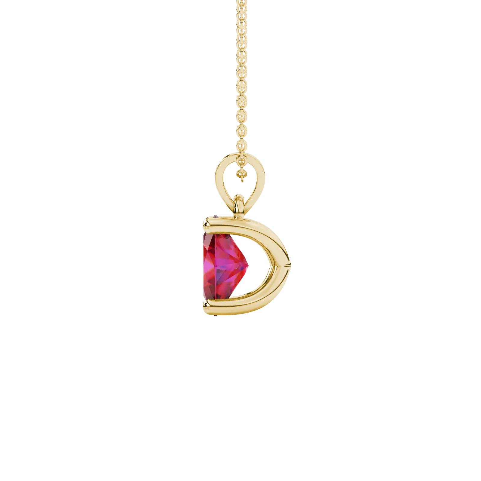 Side profile, yellow gold raspberry red pendant, four prong gallery.