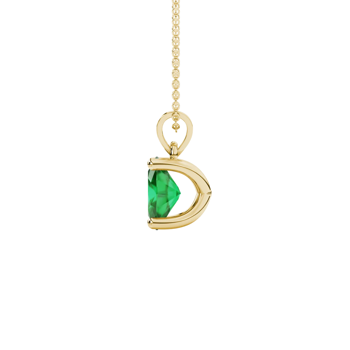 Side profile, yellow gold emerald green pendant, four prong gallery.