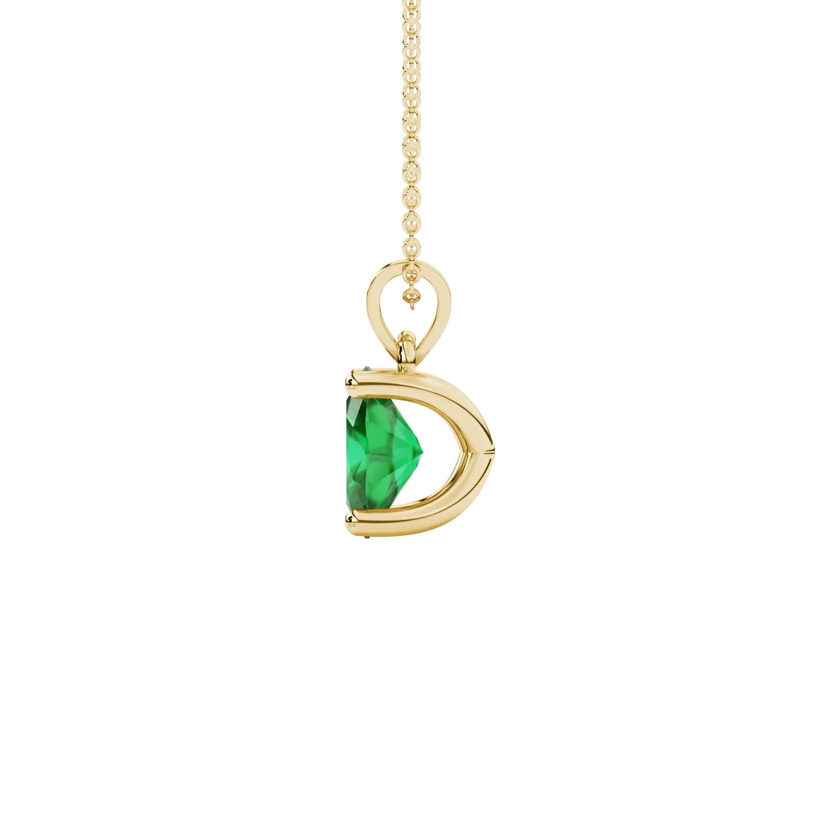 Side profile, yellow gold emerald green pendant, four prong gallery.