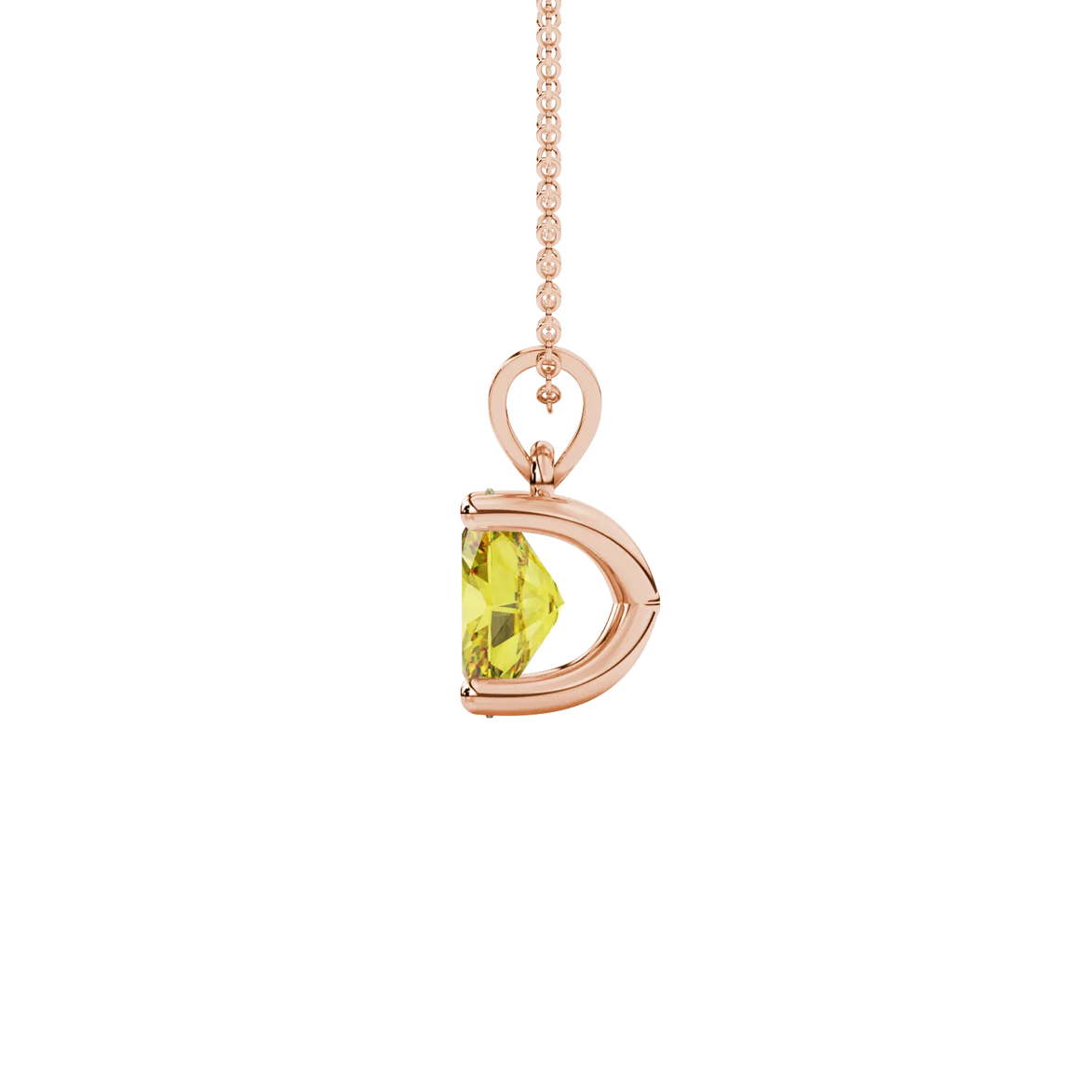 Side profile, rose gold canary yellow pendant, four prong gallery.