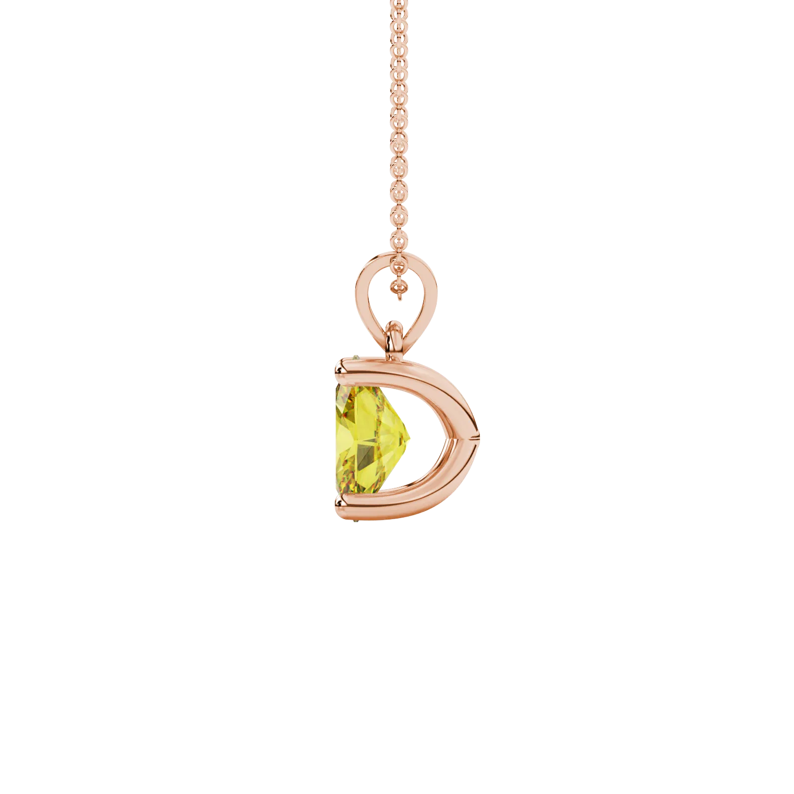 Side profile, rose gold canary yellow pendant, four prong gallery.
