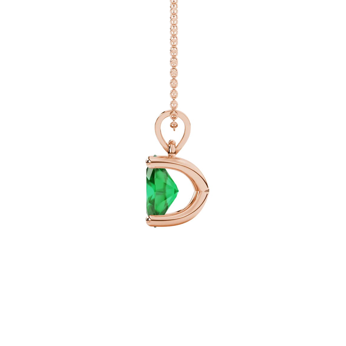 Side profile, rose gold emerald green pendant, four prong gallery.
