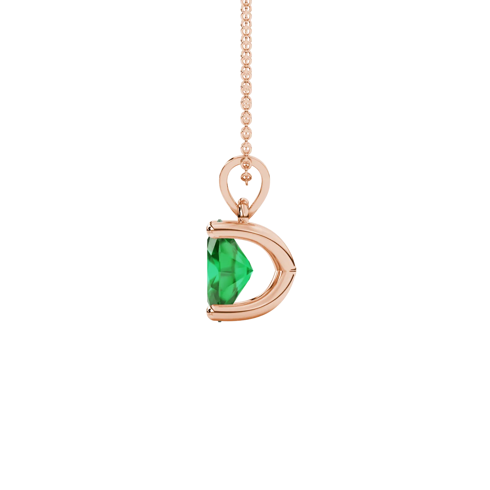 Side profile, rose gold emerald green pendant, four prong gallery.