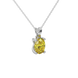 Close-up oval cut canary yellow gemstone pendant, white gold four prong setting.