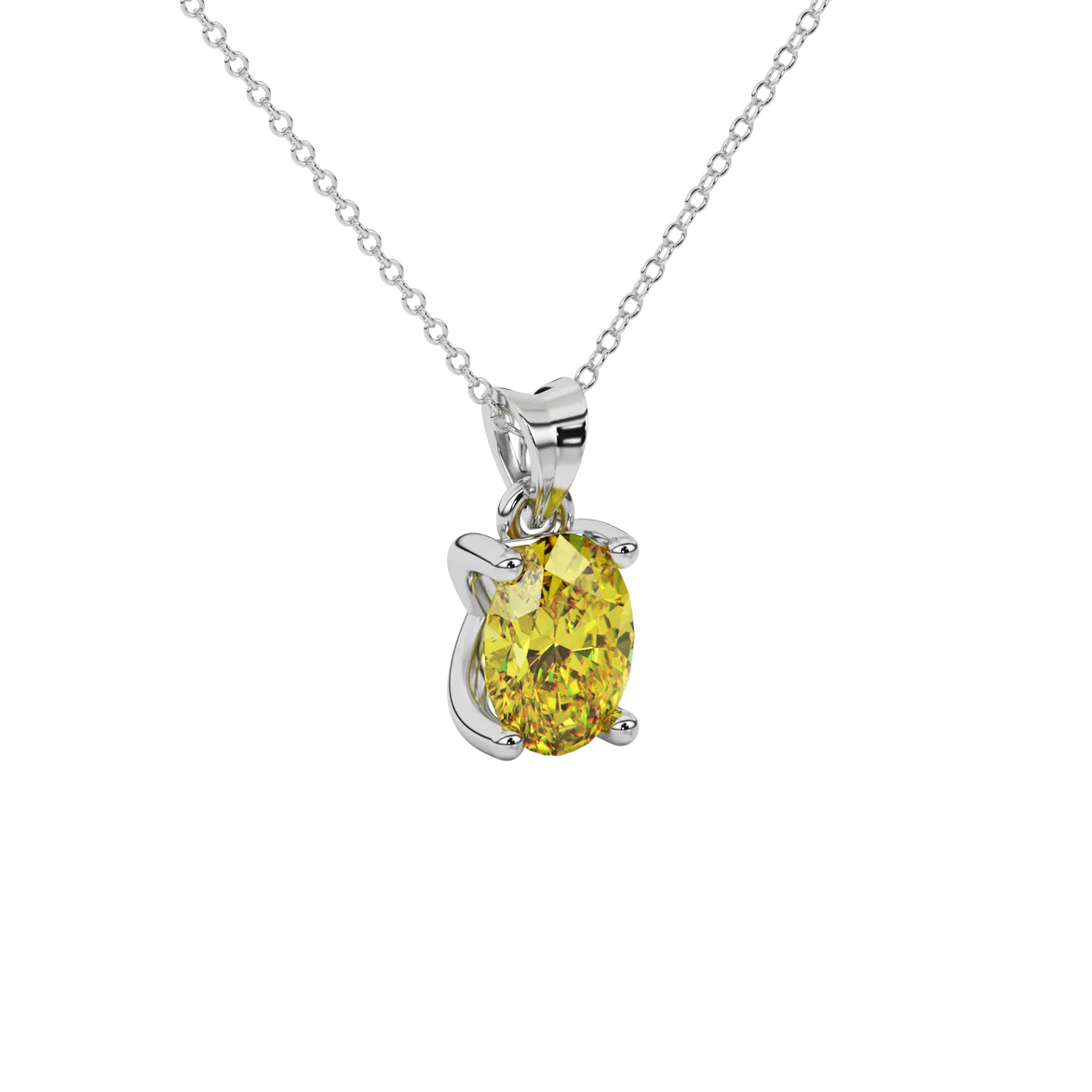 Close-up oval cut canary yellow gemstone pendant, white gold four prong setting.