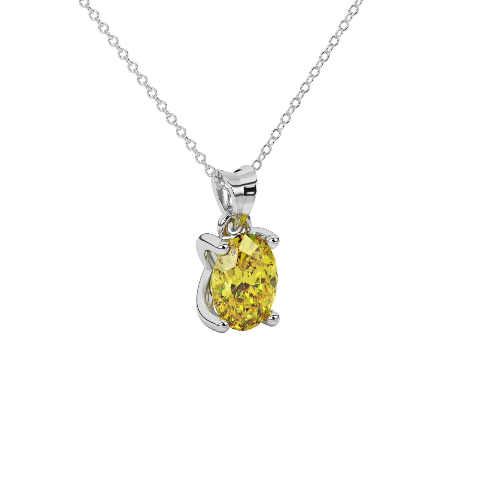 Close-up oval cut canary yellow gemstone pendant, white gold four prong setting.