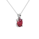 Close-up oval cut raspberry red gemstone pendant, white gold four prong setting.