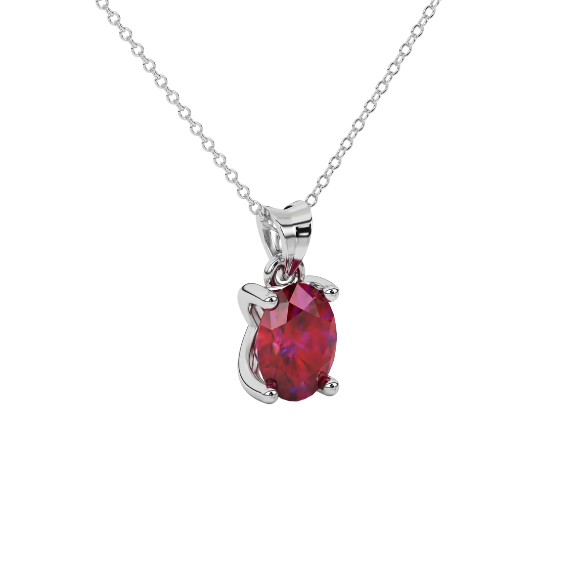 Close-up oval cut raspberry red gemstone pendant, white gold four prong setting.
