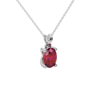 Close-up oval cut raspberry red gemstone pendant, white gold four prong setting.