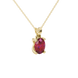 Close-up, oval cut raspberry red gemstone, yellow gold four prong pendant.