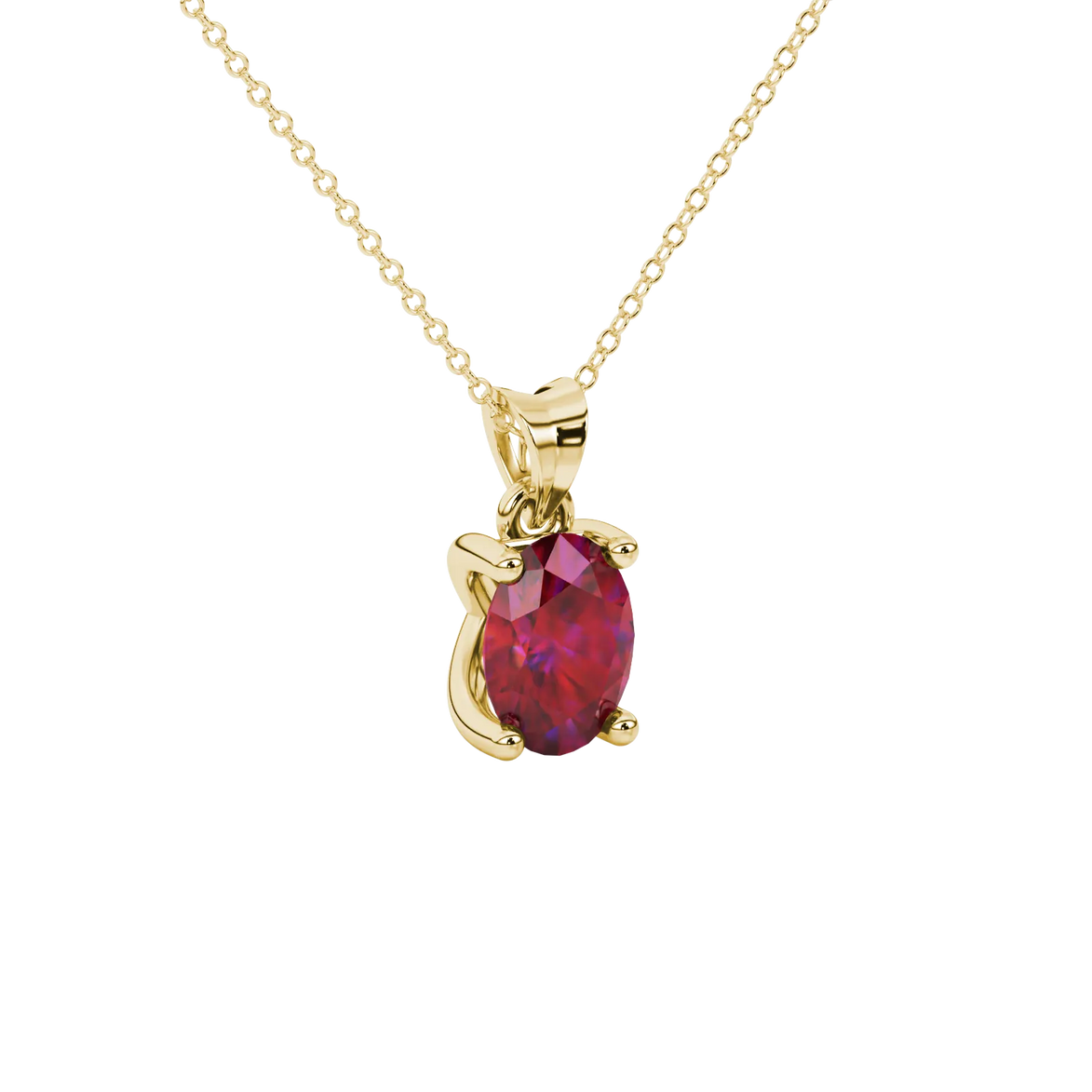 Close-up, oval cut raspberry red gemstone, yellow gold four prong pendant.