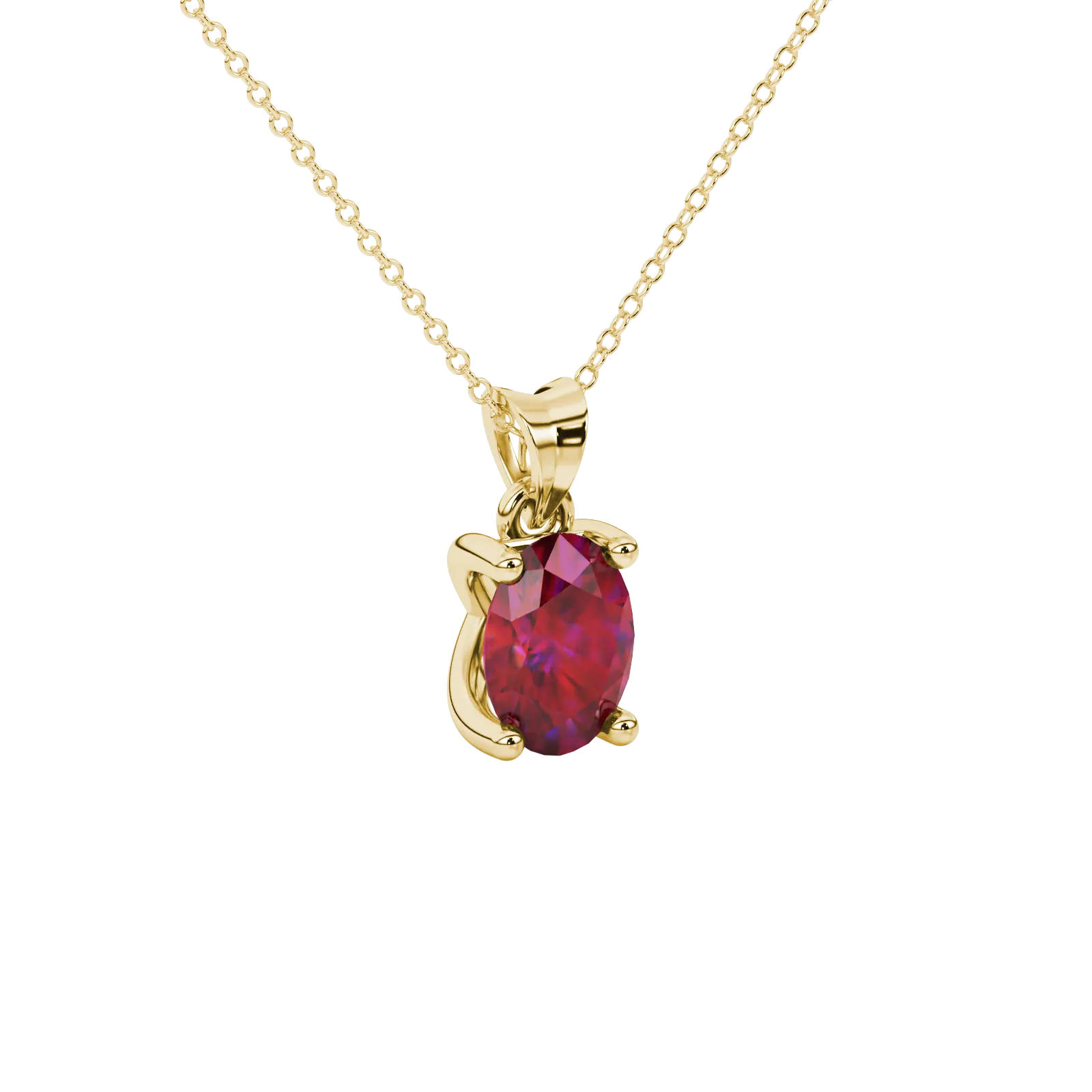 Close-up, oval cut raspberry red gemstone, yellow gold four prong pendant.