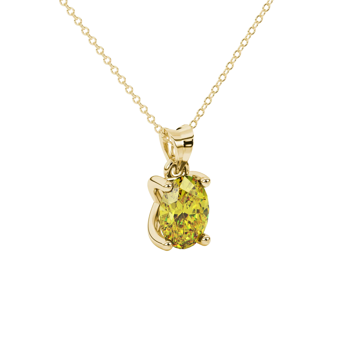Close-up, oval cut canary yellow gemstone, yellow gold four prong pendant.