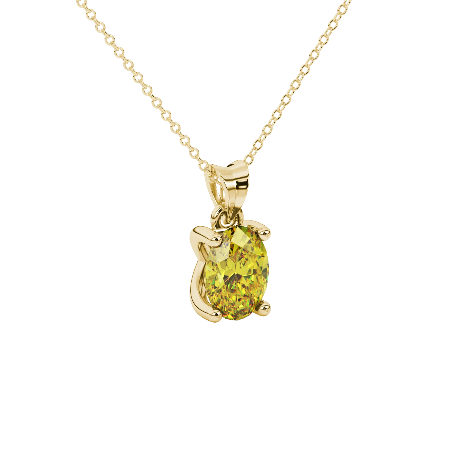 Close-up, oval cut canary yellow gemstone, yellow gold four prong pendant.
