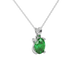 Close-up oval cut emerald green gemstone pendant, white gold four prong setting.