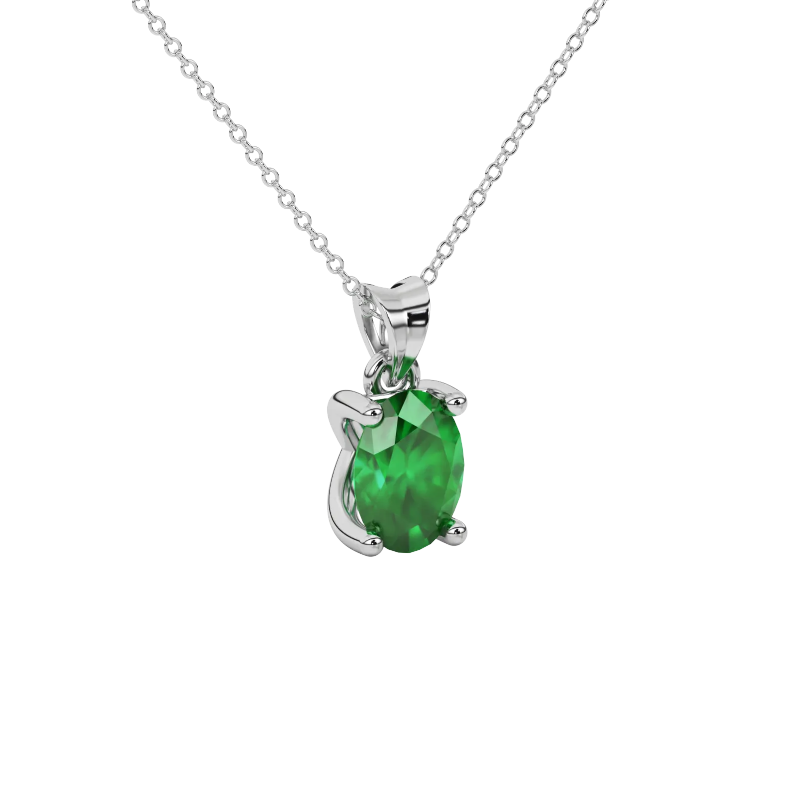 Close-up oval cut emerald green gemstone pendant, white gold four prong setting.