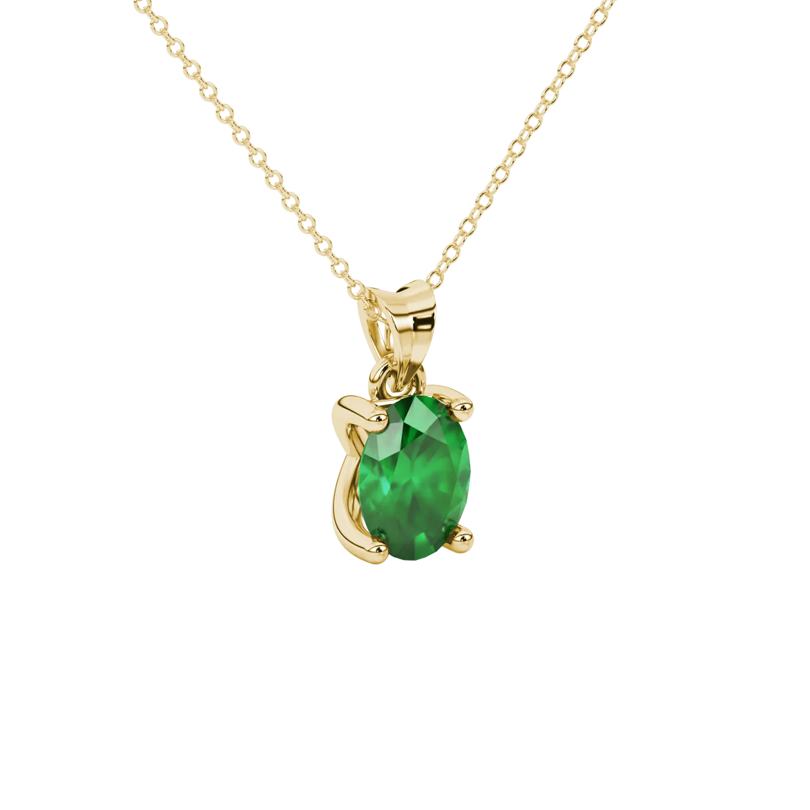 Close-up, oval cut emerald green gemstone, yellow gold four prong pendant.