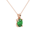 Close-up, oval cut emerald green gemstone pendant, rose gold four prong setting.