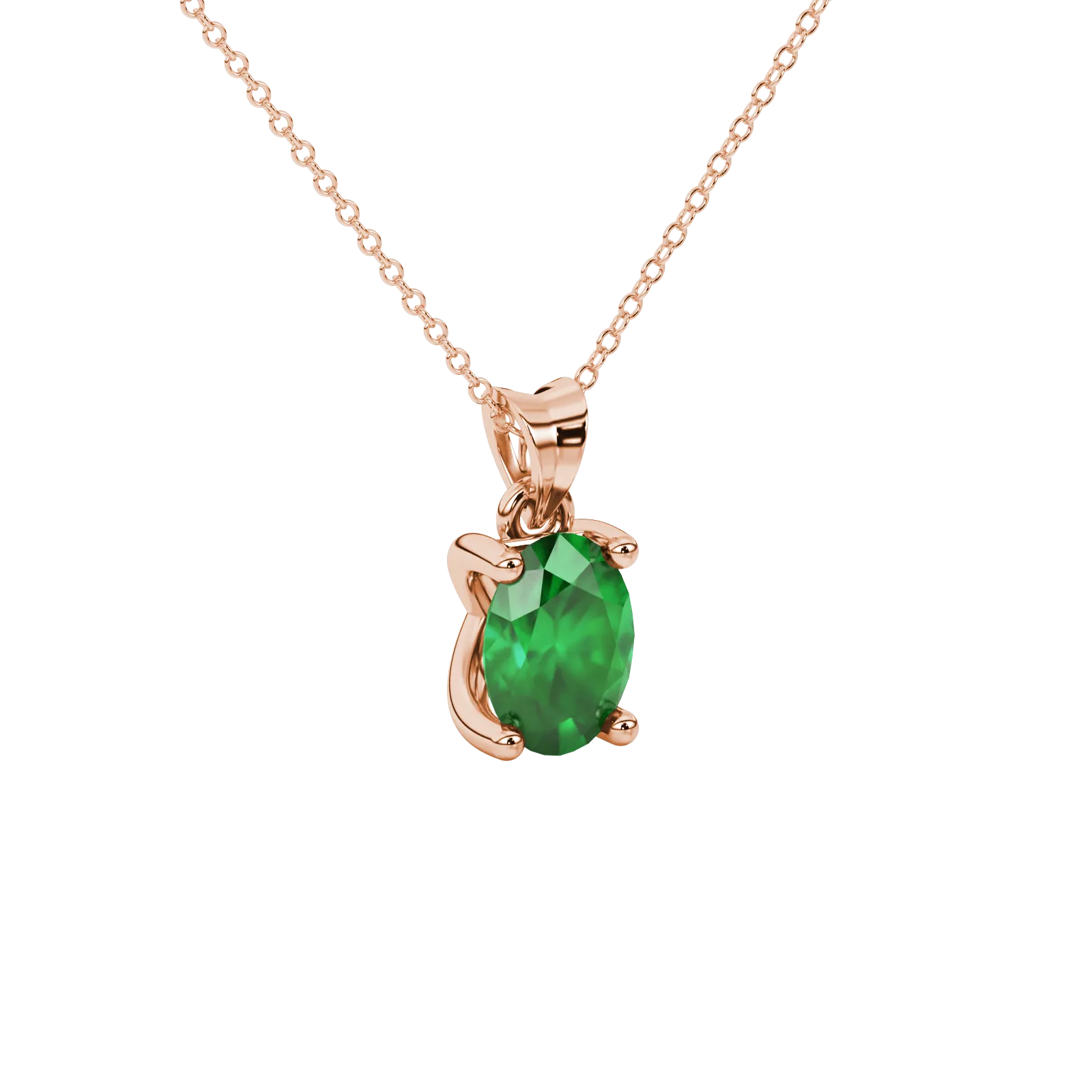 Close-up, oval cut emerald green gemstone pendant, rose gold four prong setting.