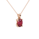 Close-up, oval cut raspberry red gemstone pendant, rose gold four prong setting.