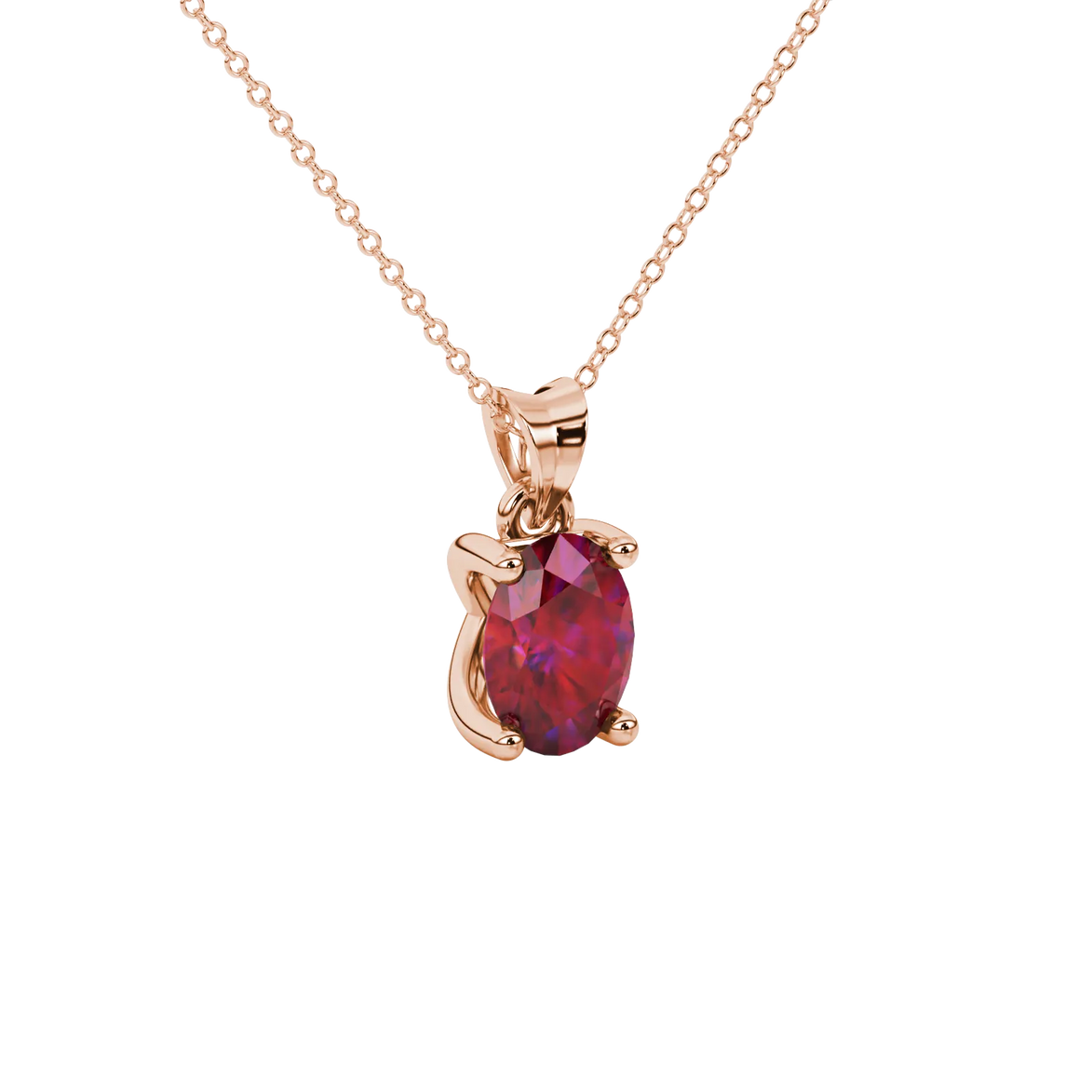 Close-up, oval cut raspberry red gemstone pendant, rose gold four prong setting.