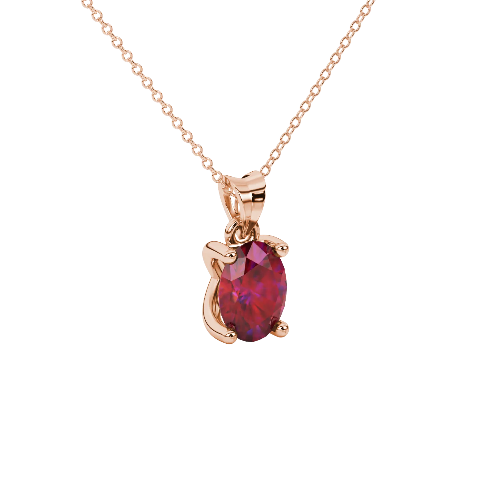Close-up, oval cut raspberry red gemstone pendant, rose gold four prong setting.