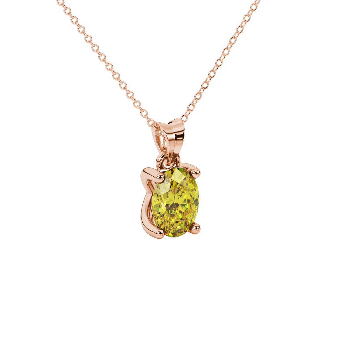 Close-up, oval cut canary yellow gemstone pendant, rose gold four prong setting.