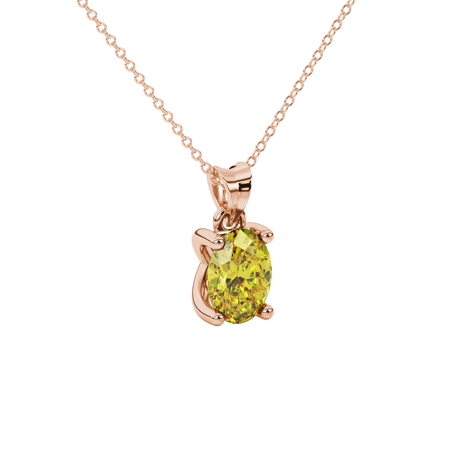 Close-up, oval cut canary yellow gemstone pendant, rose gold four prong setting.