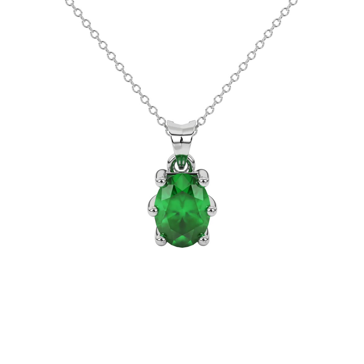 Oval cut emerald green gemstone pendant, white gold six prong setting.
