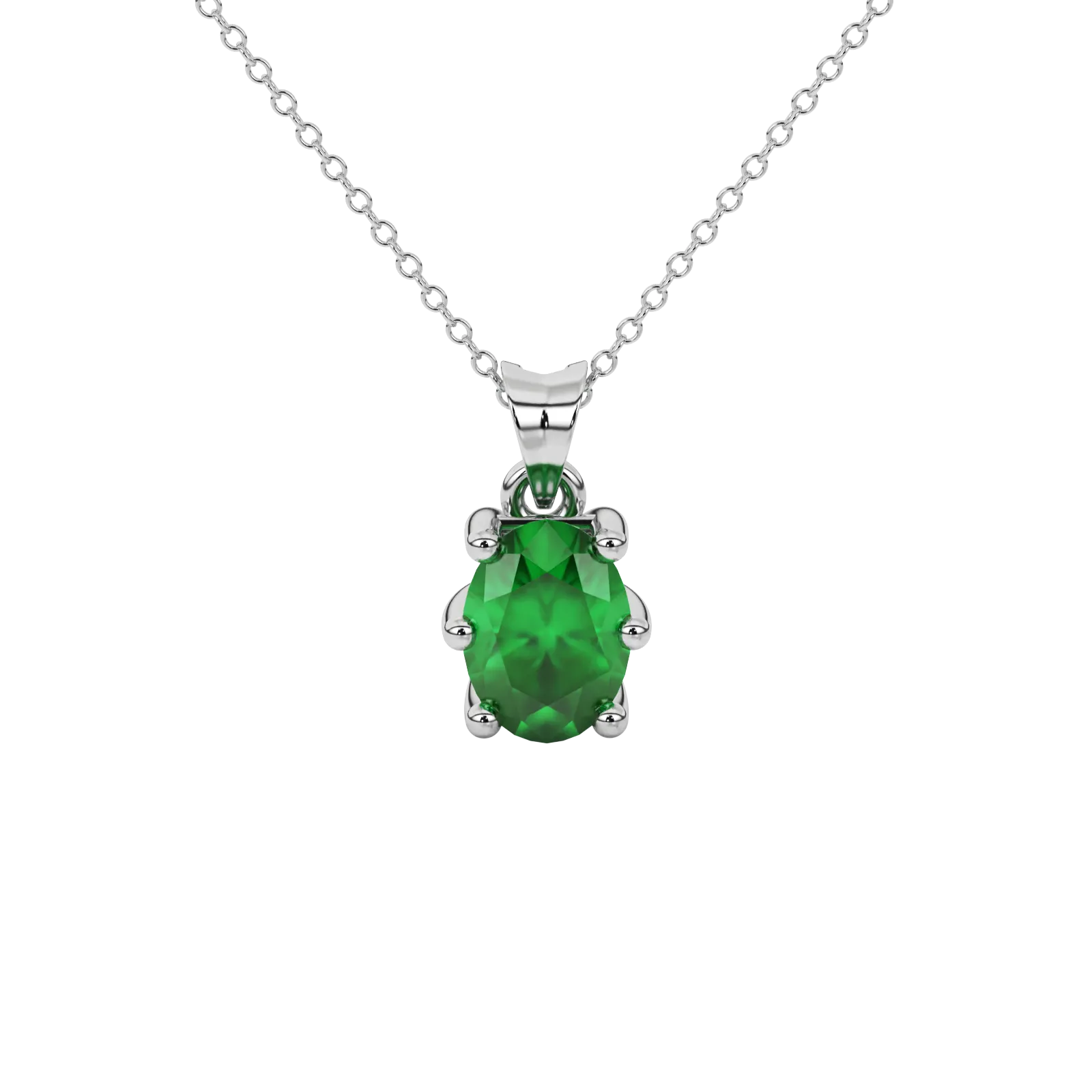 Oval cut emerald green gemstone pendant, white gold six prong setting.