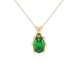 Oval cut emerald green gemstone pendant, yellow gold six prong setting.