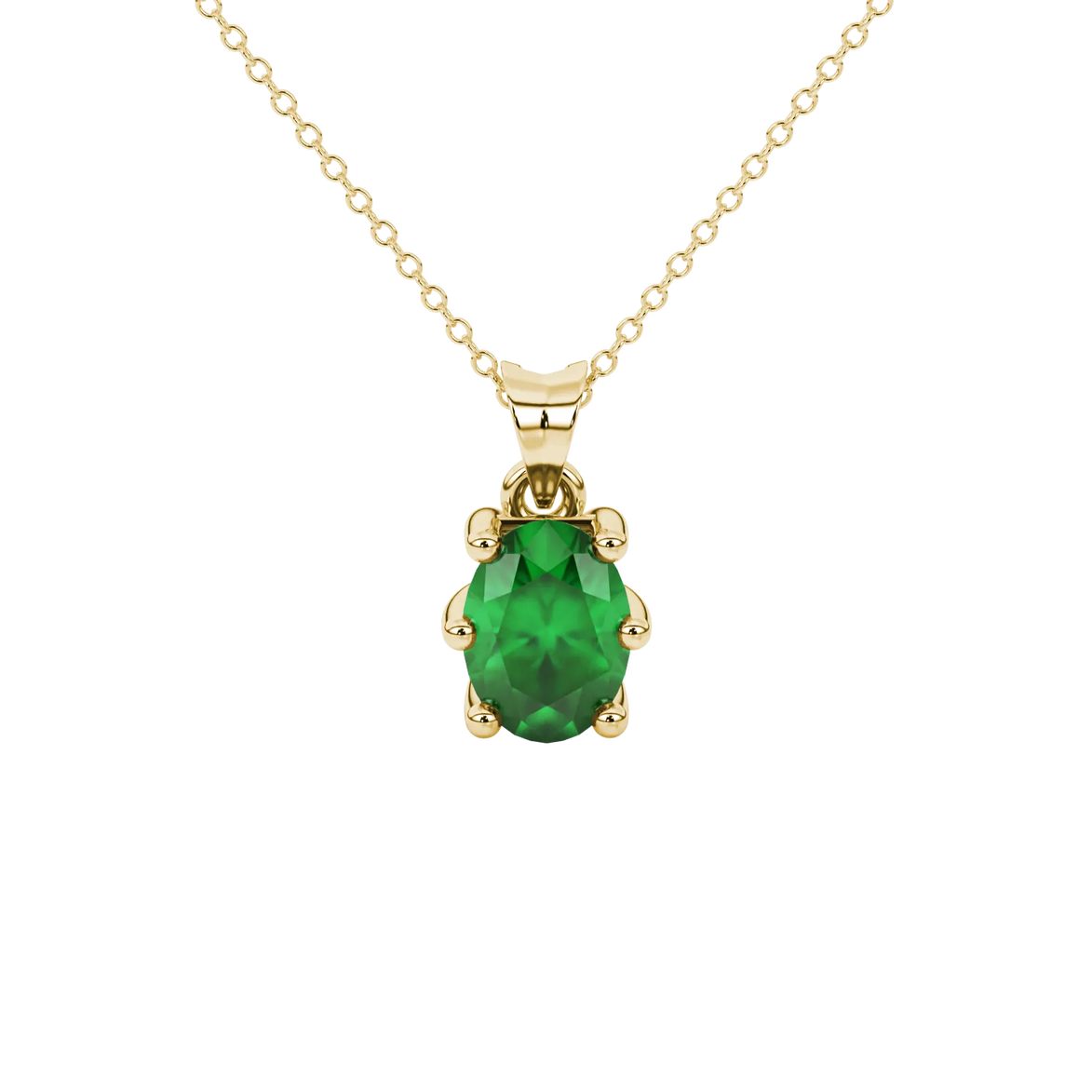 Oval cut emerald green gemstone pendant, yellow gold six prong setting.