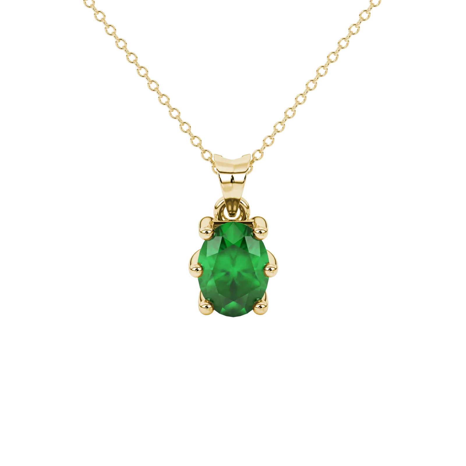 Oval cut emerald green gemstone pendant, yellow gold six prong setting.