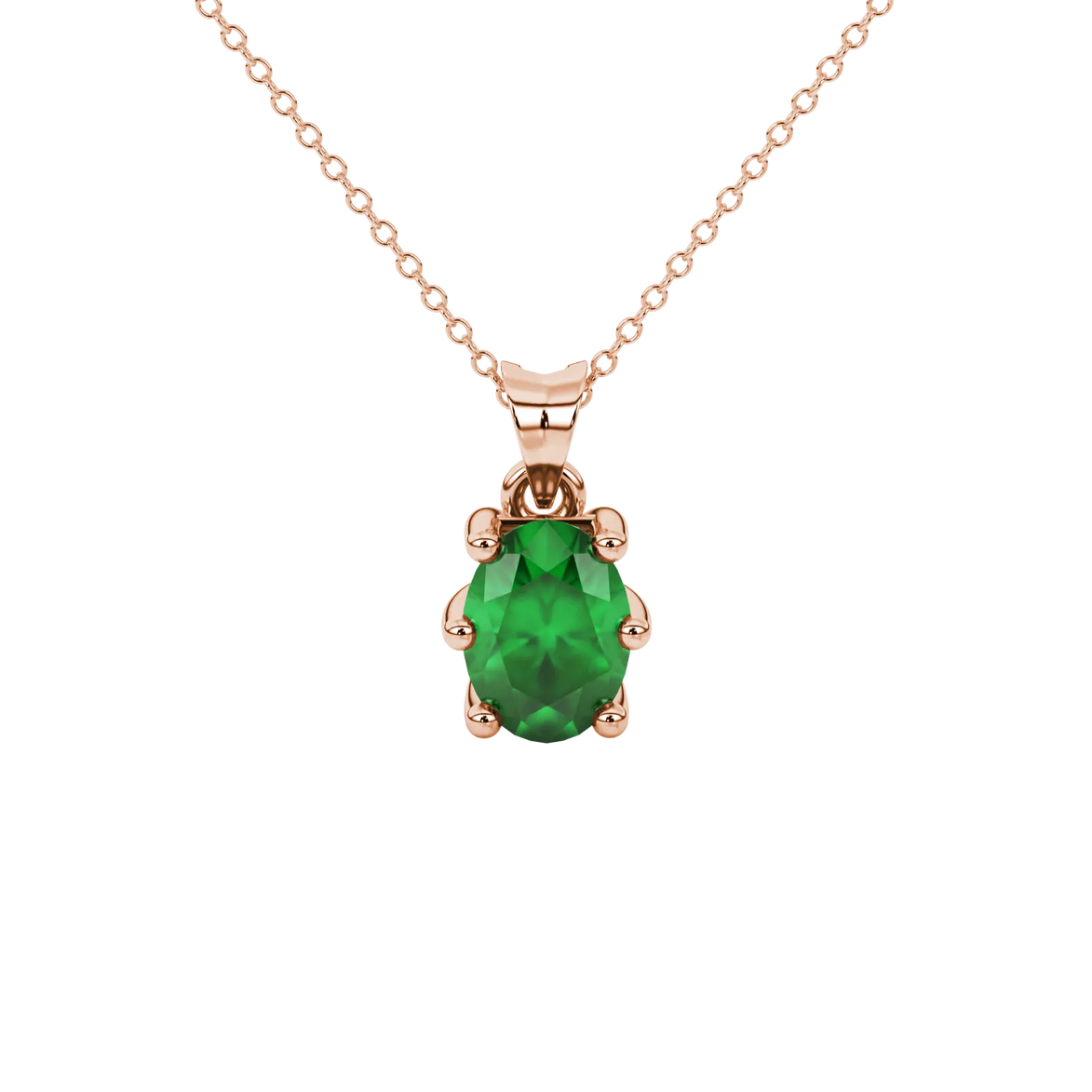 Oval cut emerald green gemstone pendant, rose gold six prong setting.