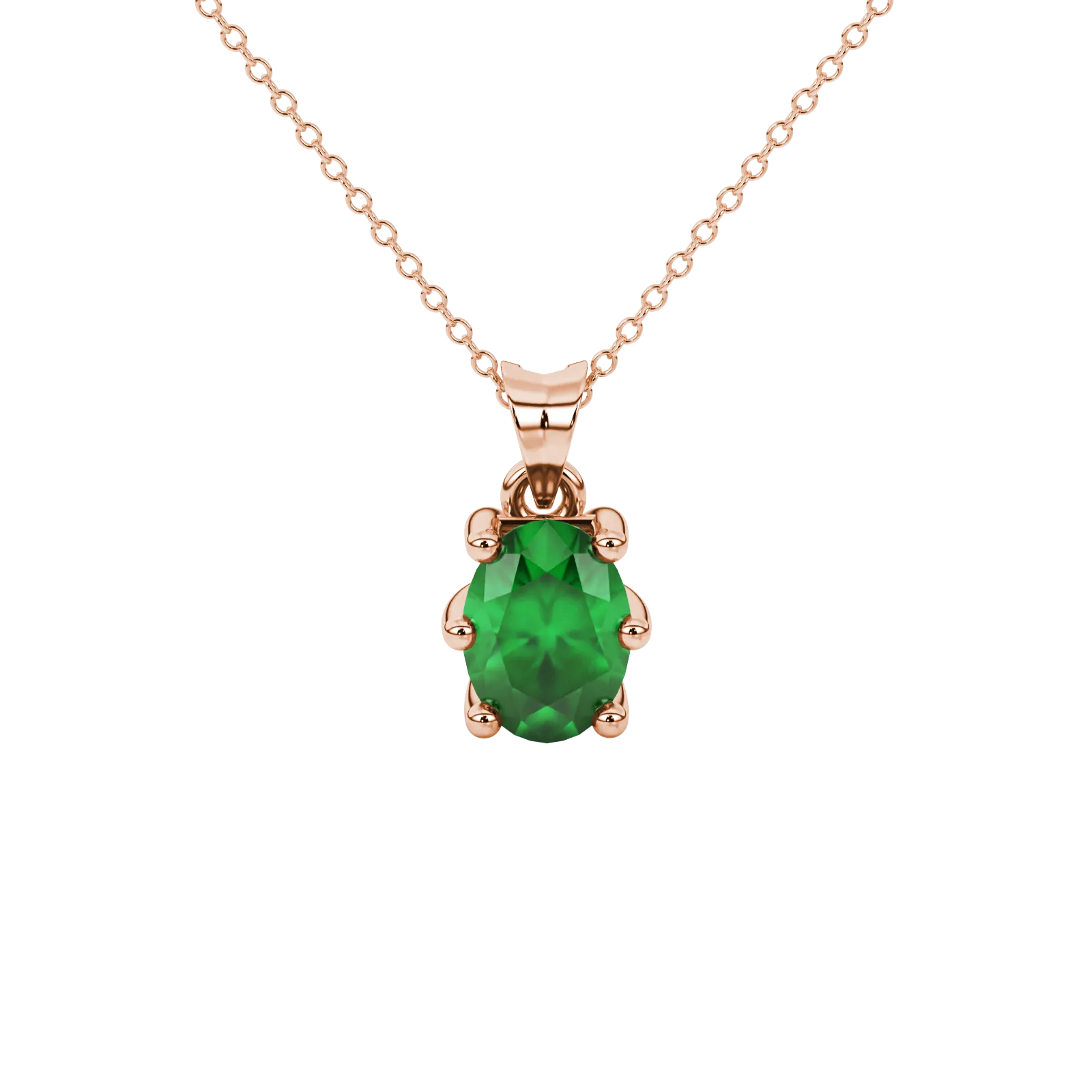 Oval cut emerald green gemstone pendant, rose gold six prong setting.