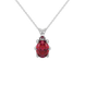 Oval cut raspberry red gemstone pendant, white gold six prong setting.