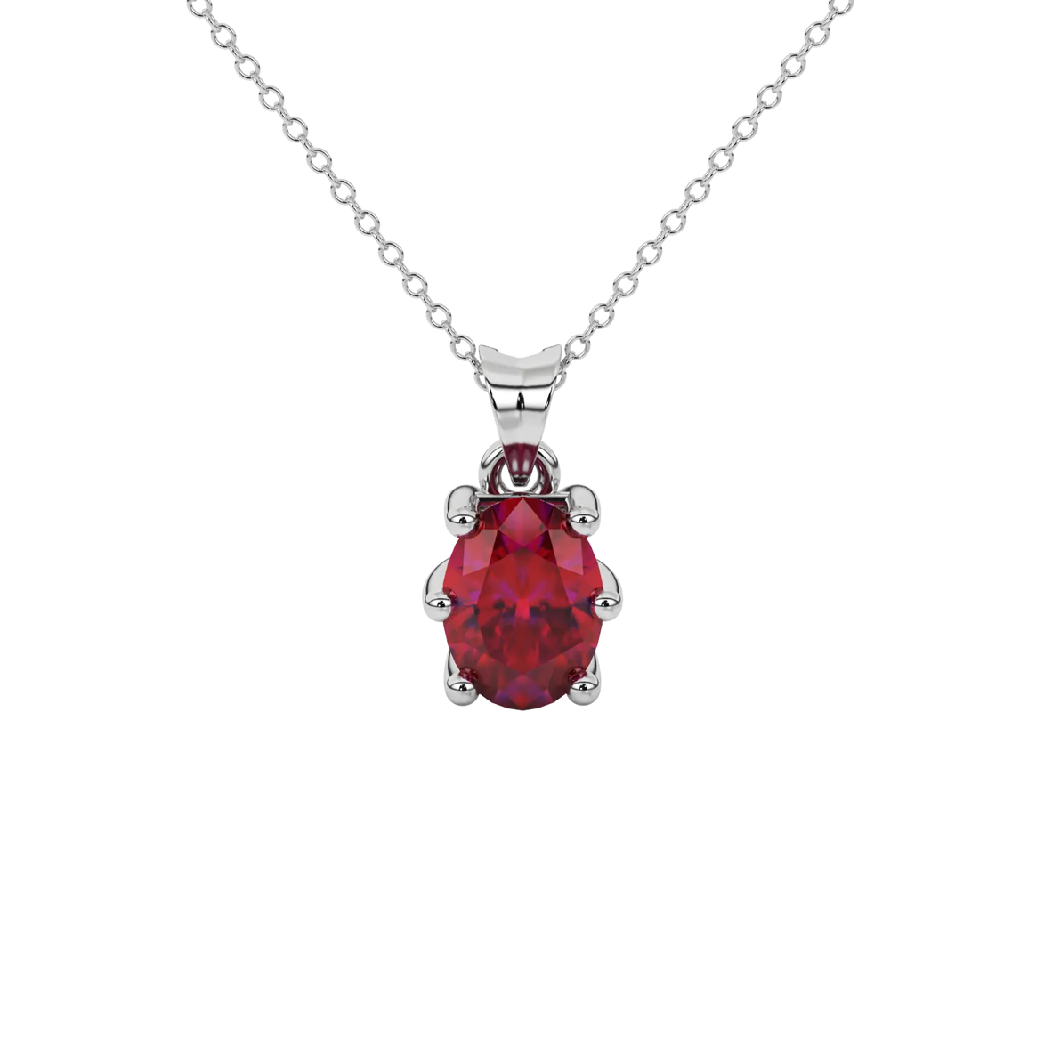 Oval cut raspberry red gemstone pendant, white gold six prong setting.