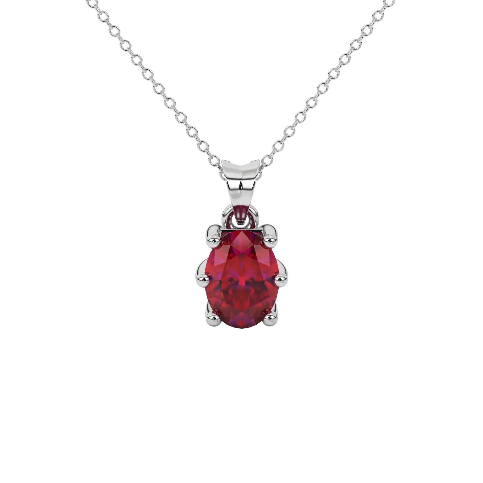 Oval cut raspberry red gemstone pendant, white gold six prong setting.