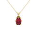 Oval cut raspberry red gemstone pendant, yellow gold six prong setting.