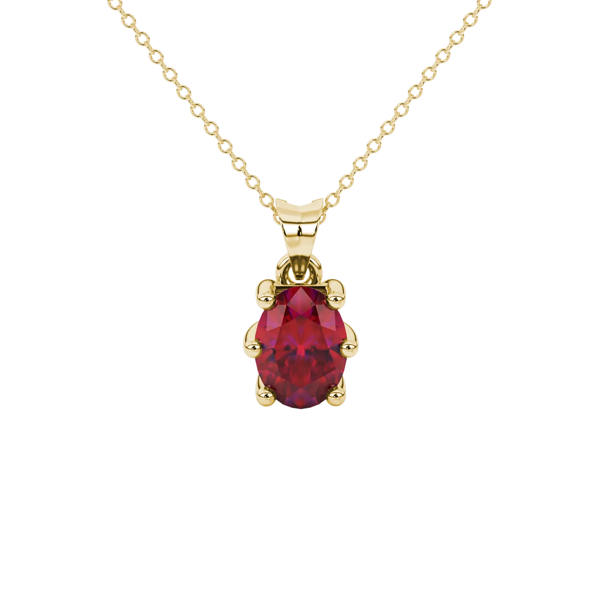 Oval cut raspberry red gemstone pendant, yellow gold six prong setting.