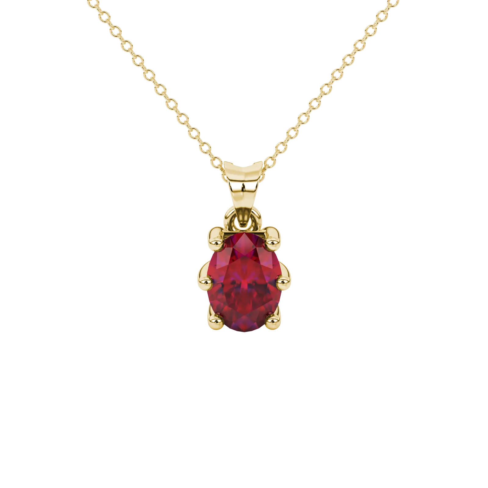 Oval cut raspberry red gemstone pendant, yellow gold six prong setting.